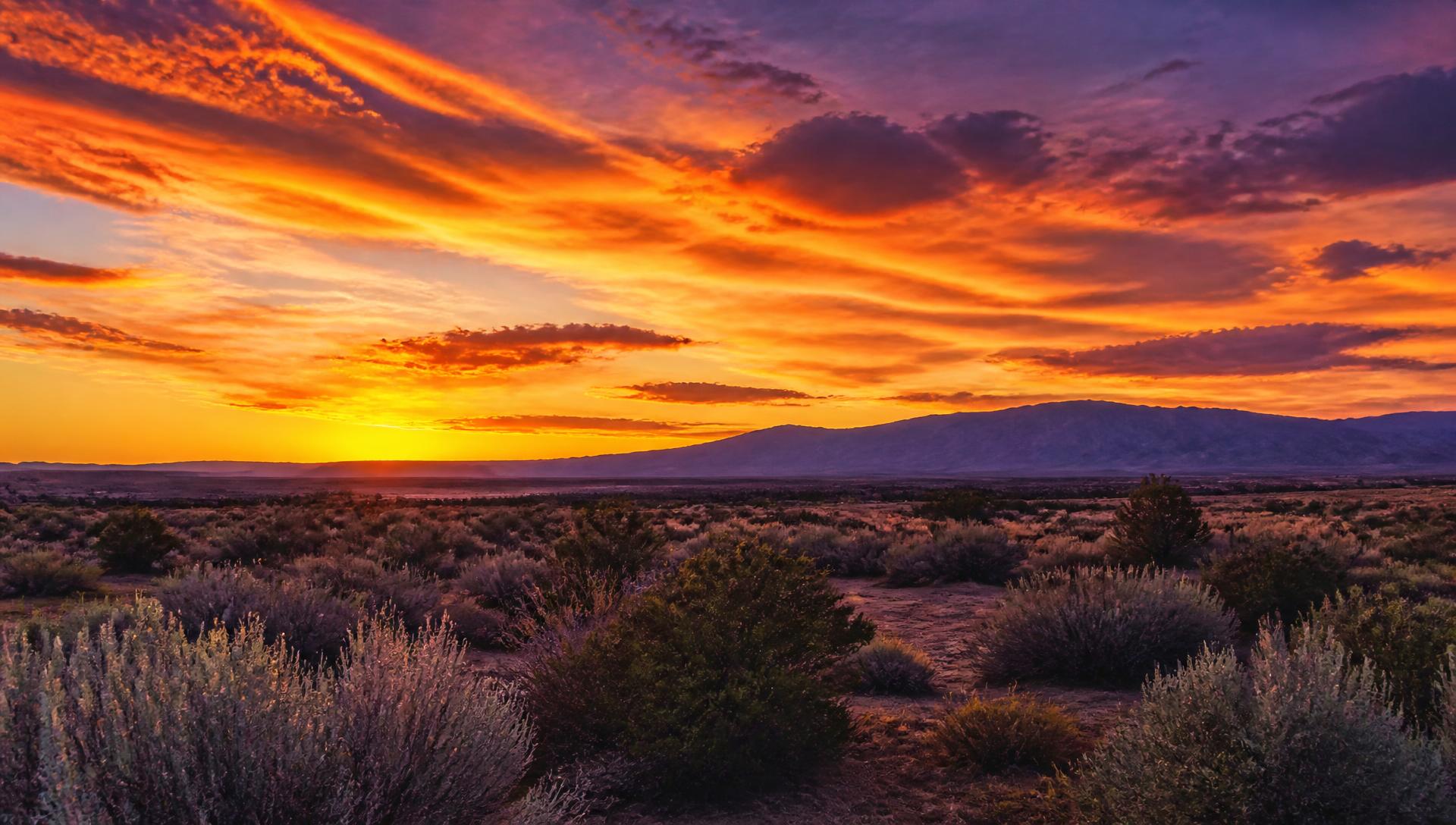 Golden-hour sunset over open high-desert land near Rio Rancho, New Mexico, with the Sandia mountains on the horizon